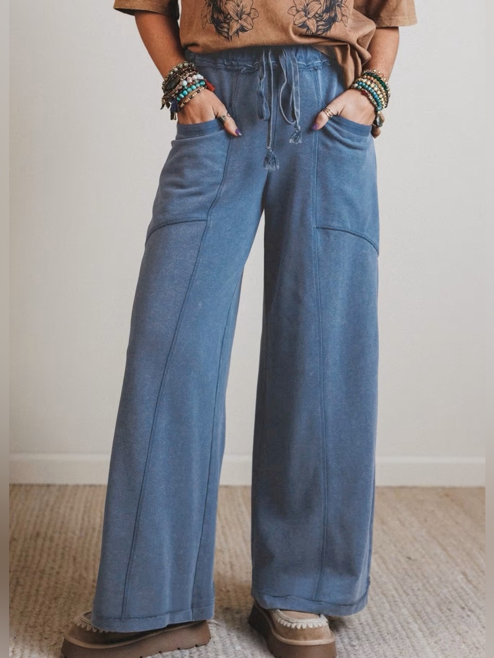 🩵Hello Gorgeous! Blue Mineral Wash  Retro Drawstring Denim Style Wide Leg